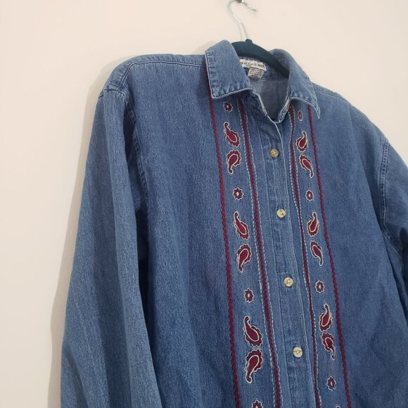 Vintage Womens Denim Embroidery Button Down Shirt Size M Oversize Western Boho - Picture 3 of 7